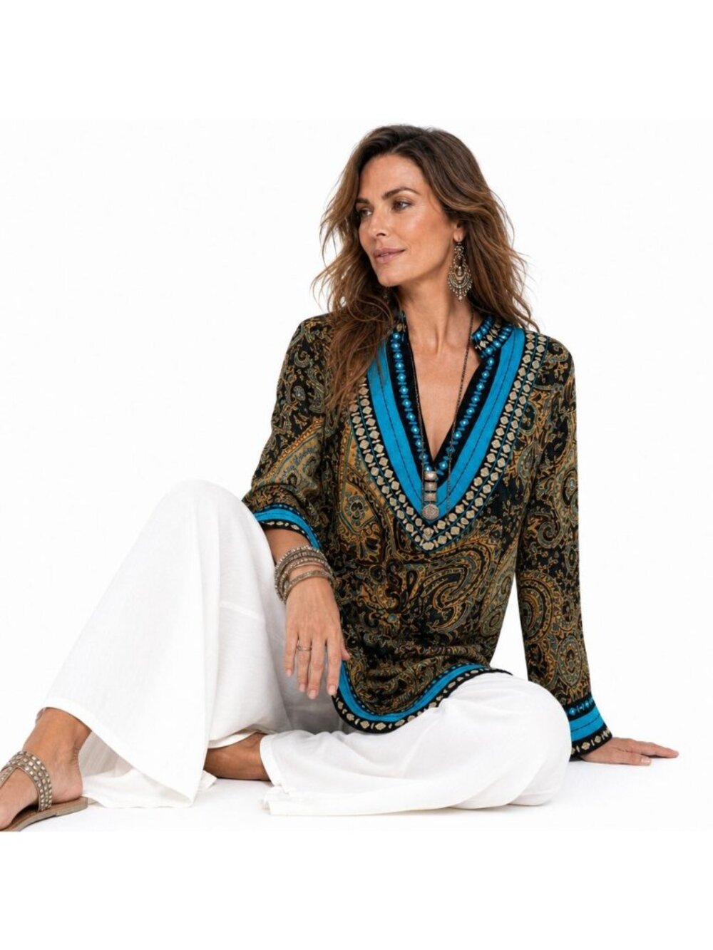Soft Surroundings Paisley Tunic Top Women L Embellished Cotton Boho Art Lagenloo